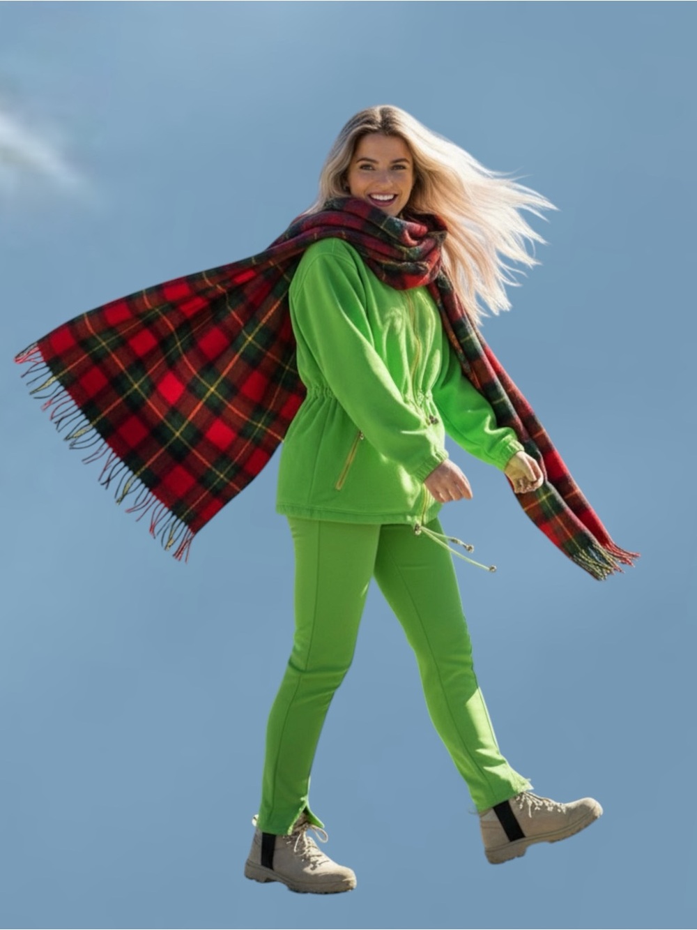 Bogner Red and Green Tartan Fringe Wool Wrap Scarf
